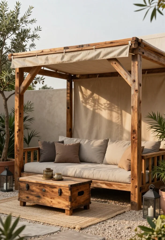 Stunning Rustic Wood and Fabric Canopy Ideas: 15 Cozy Outdoor Ideas - 5. A Reclaimed Barn-Wood Canopy over a Patio Sofa 1
