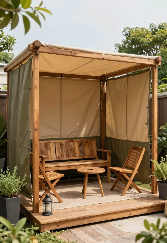 Stunning Rustic Wood and Fabric Canopy Ideas: 15 Cozy Outdoor Ideas - 6. A Small Deck Canopy with Roll-Down Canvas Panels 1