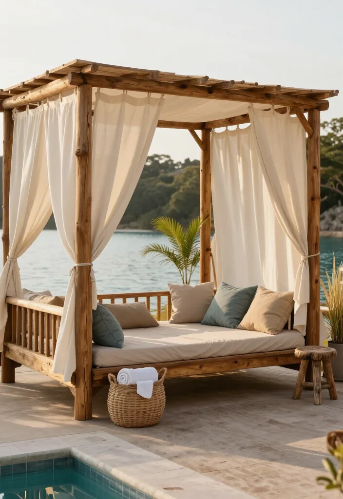 Stunning Rustic Wood and Fabric Canopy Ideas: 15 Cozy Outdoor Ideas - 7. A Rustic Poolside Cabana with Soft Cotton Drapes 1