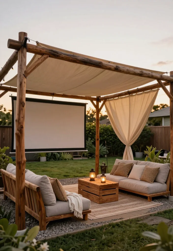 Stunning Rustic Wood and Fabric Canopy Ideas: 15 Cozy Outdoor Ideas - 8. A Covered Outdoor Movie Lounge 1
