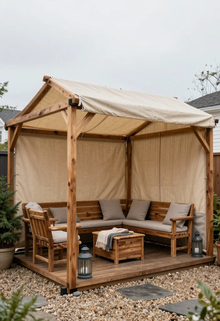 Stunning Rustic Wood and Fabric Canopy Ideas: 15 Cozy Outdoor Ideas - 9. A Rain-Ready Canvas Canopy for Four Seasons 1
