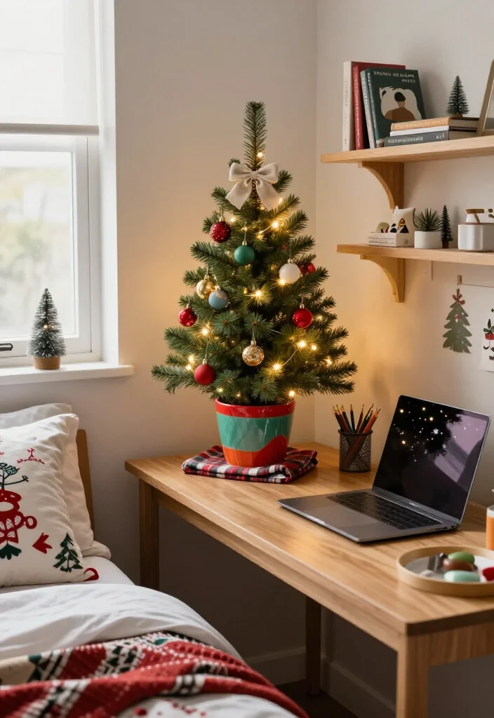 10 Cheerful Christmas Room Decor Ideas for Teens and Dorm Rooms - 1. Create a Tiny Christmas Tree Desk Corner 1