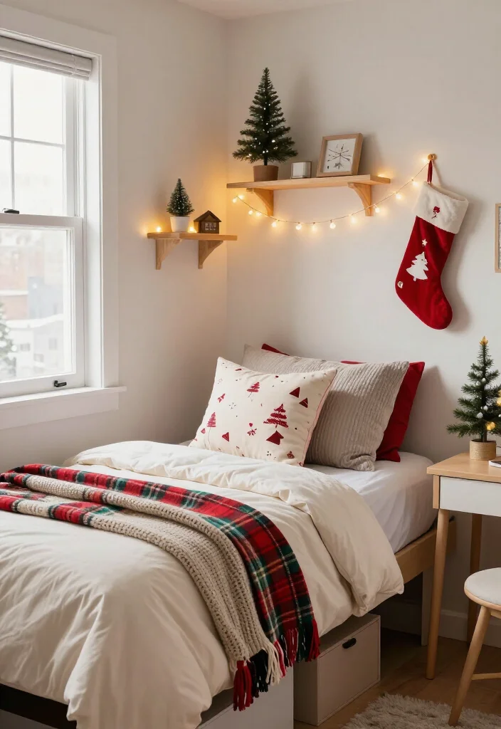 10 Cheerful Christmas Room Decor Ideas for Teens and Dorm Rooms - 2. Turn the Bed Into a Cozy Christmas Layer 1