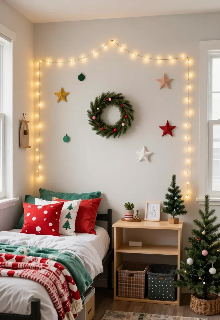 10 Cheerful Christmas Room Decor Ideas for Teens and Dorm Rooms - 3. Make a Removable Light Wall Behind the Bed 1