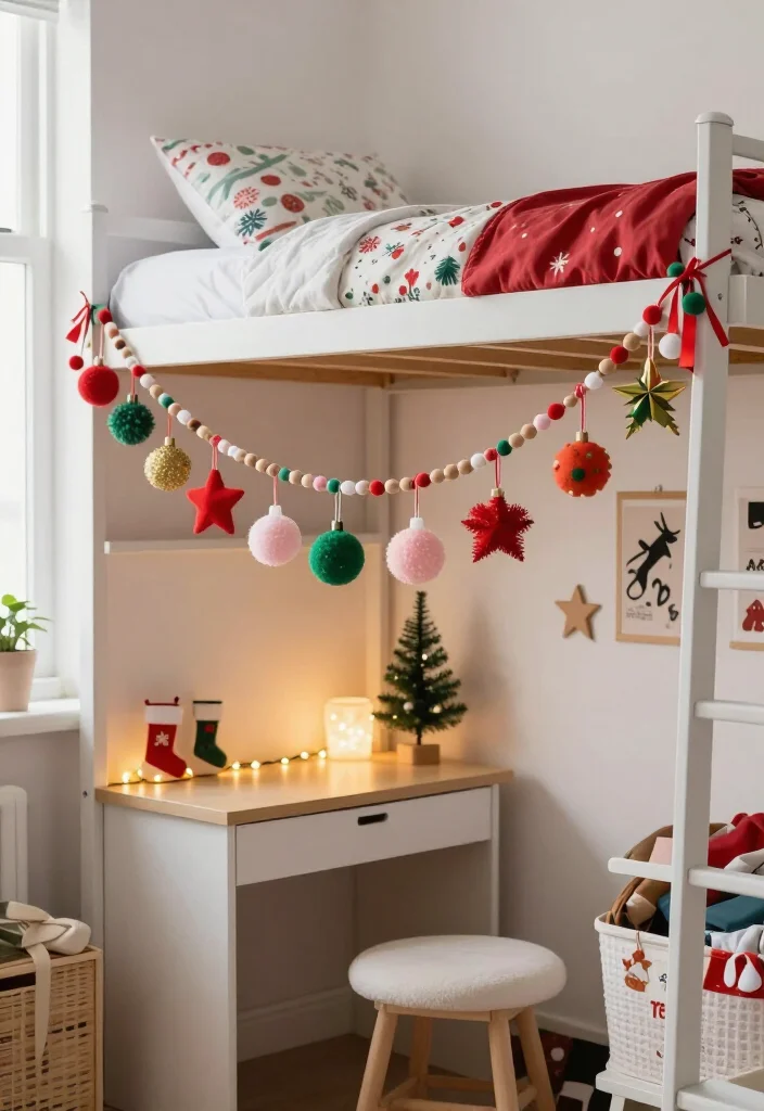 10 Cheerful Christmas Room Decor Ideas for Teens and Dorm Rooms - 4. Build a Colorful Ornament Garland for Shelves 1
