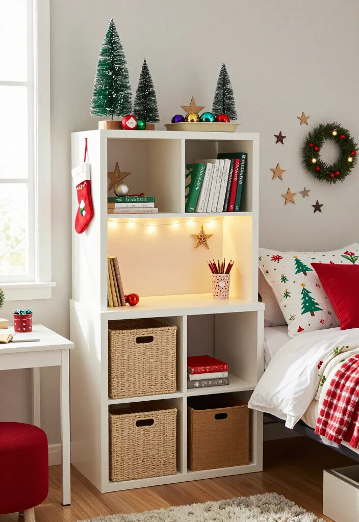 10 Cheerful Christmas Room Decor Ideas for Teens and Dorm Rooms - 5. Style a Holiday Shelf With Tiny Collections 1