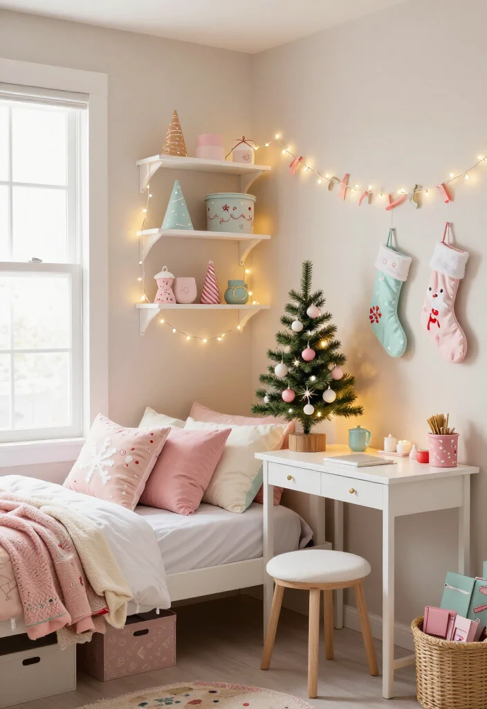 10 Cheerful Christmas Room Decor Ideas for Teens and Dorm Rooms - 7. Add a Pastel Candy-Cane Color Theme 1