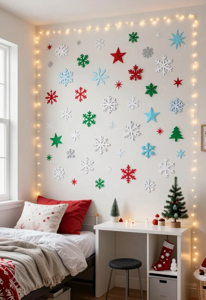 10 Cheerful Christmas Room Decor Ideas for Teens and Dorm Rooms - 8. Make a Paper Snowflake and Star Wall 1