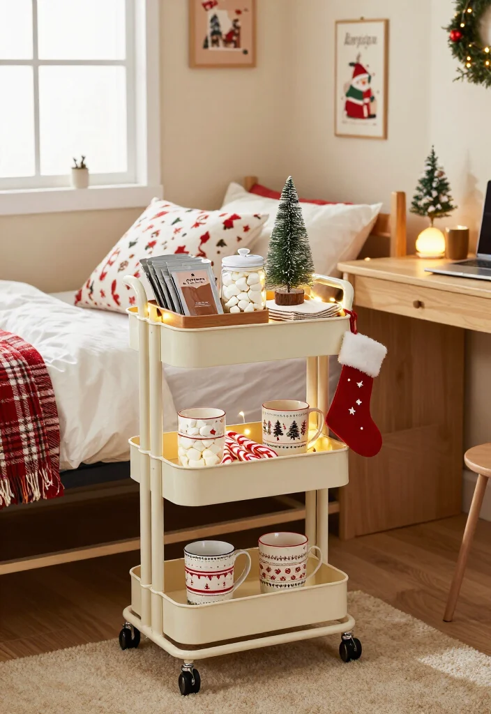 10 Cheerful Christmas Room Decor Ideas for Teens and Dorm Rooms - 9. Turn a Rolling Cart Into a Holiday Hot Cocoa Bar 1