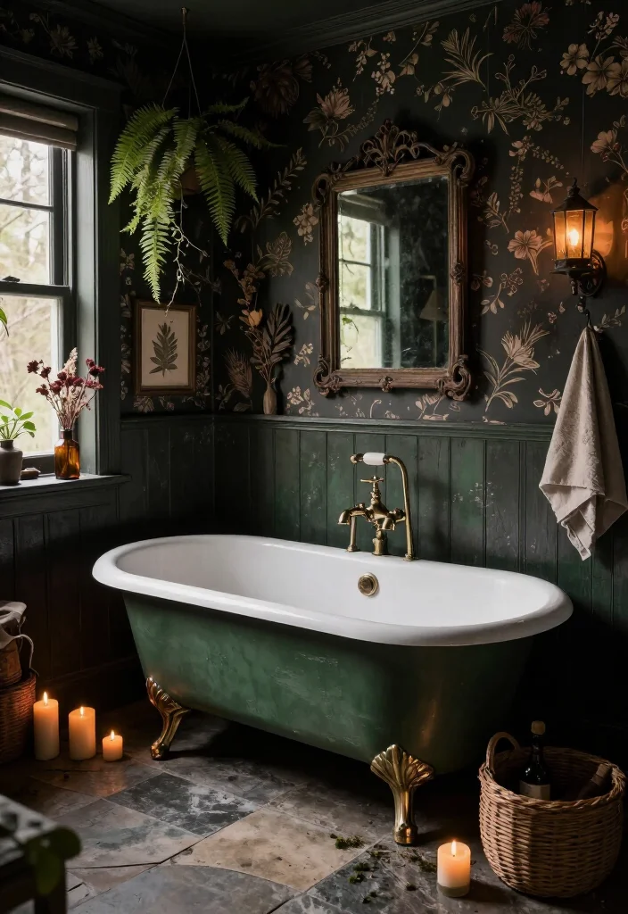 13 Enchanting Dark Cottagecore Bathroom Ideas That Feel Like a Secret Forest Hideaway 2 13 Enchanting Dark Cottagecore Bathroom Ideas That Feel Like a Secret Forest Hideaway - 1. Make a Forest-Green Clawfoot Tub the Main Character 1