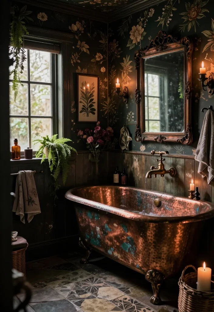 13 Enchanting Dark Cottagecore Bathroom Ideas That Feel Like a Secret Forest Hideaway 43 13 Enchanting Dark Cottagecore Bathroom Ideas That Feel Like a Secret Forest Hideaway - 10. Bring in Copper and Aged Brass Bath Details 1