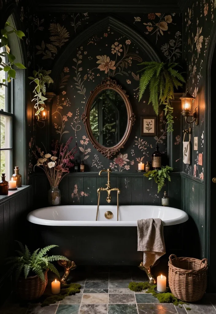 13 Enchanting Dark Cottagecore Bathroom Ideas That Feel Like a Secret Forest Hideaway 45 13 Enchanting Dark Cottagecore Bathroom Ideas That Feel Like a Secret Forest Hideaway - 11. Tuck the Tub into a Gothic Arched Alcove 1