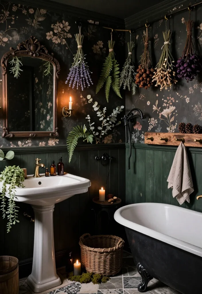13 Enchanting Dark Cottagecore Bathroom Ideas That Feel Like a Secret Forest Hideaway 46 13 Enchanting Dark Cottagecore Bathroom Ideas That Feel Like a Secret Forest Hideaway - 12. Hang Dried Herbs and Woodland Botanicals 1