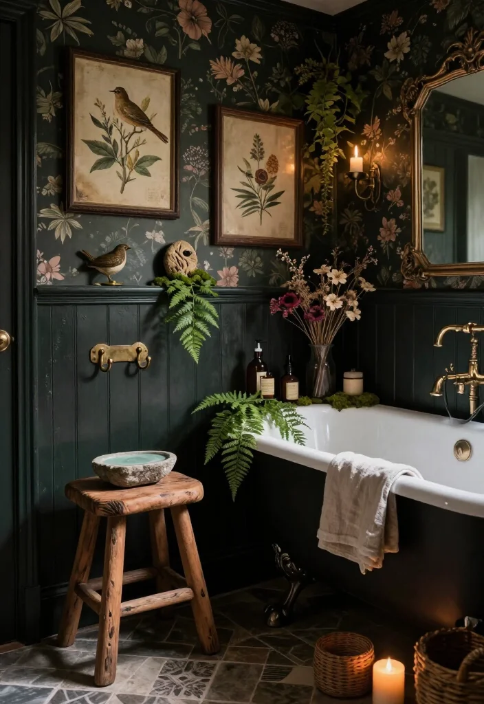 13 Enchanting Dark Cottagecore Bathroom Ideas That Feel Like a Secret Forest Hideaway 57 13 Enchanting Dark Cottagecore Bathroom Ideas That Feel Like a Secret Forest Hideaway - 13. Finish with a Secret-Garden Layer of Small Details 1