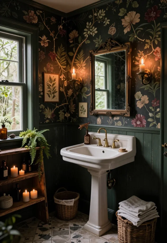 13 Enchanting Dark Cottagecore Bathroom Ideas That Feel Like a Secret Forest Hideaway 3 13 Enchanting Dark Cottagecore Bathroom Ideas That Feel Like a Secret Forest Hideaway - 2. Wrap the Walls in Dark Floral Wallpaper 1