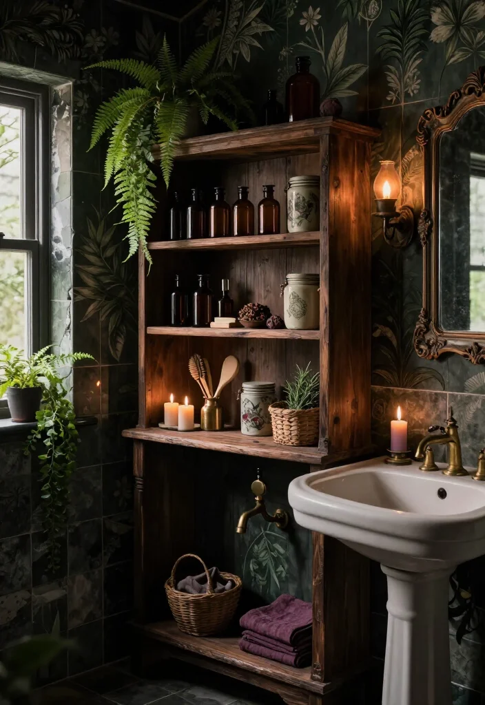 13 Enchanting Dark Cottagecore Bathroom Ideas That Feel Like a Secret Forest Hideaway 4 13 Enchanting Dark Cottagecore Bathroom Ideas That Feel Like a Secret Forest Hideaway - 3. Build an Apothecary Shelf Full of Small Treasures 1