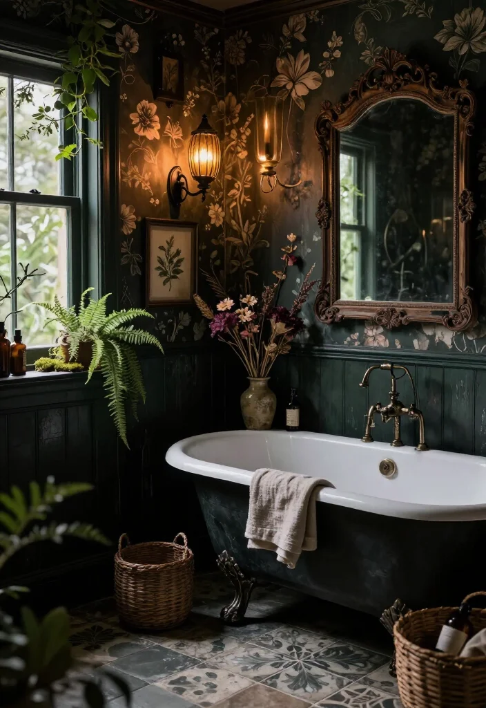 13 Enchanting Dark Cottagecore Bathroom Ideas That Feel Like a Secret Forest Hideaway 5 13 Enchanting Dark Cottagecore Bathroom Ideas That Feel Like a Secret Forest Hideaway - 4. Use Candlelight and Black Metal Sconces for Moody Glow 1