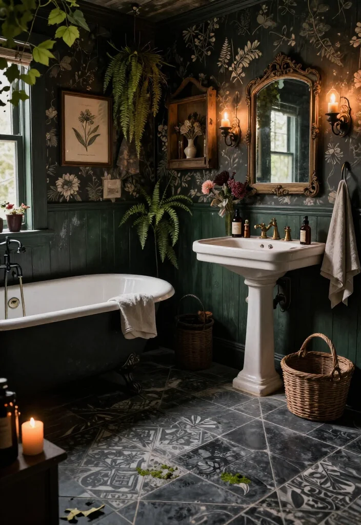 13 Enchanting Dark Cottagecore Bathroom Ideas That Feel Like a Secret Forest Hideaway 6 13 Enchanting Dark Cottagecore Bathroom Ideas That Feel Like a Secret Forest Hideaway - 5. Add Mossy Stone and Woodland-Inspired Floor Tile 1