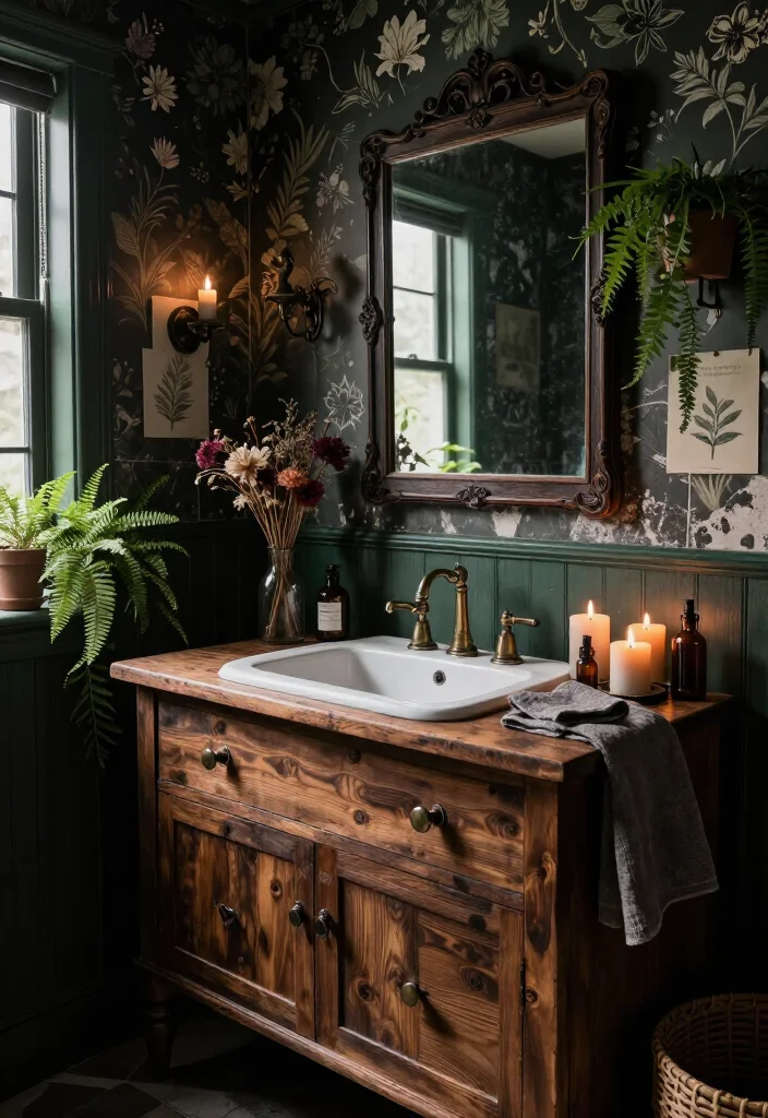 13 Enchanting Dark Cottagecore Bathroom Ideas That Feel Like a Secret Forest Hideaway 7 13 Enchanting Dark Cottagecore Bathroom Ideas That Feel Like a Secret Forest Hideaway - 6. Give the Vanity a Reclaimed-Wood Makeover 1