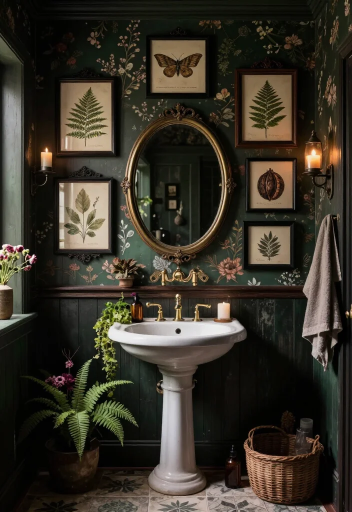 13 Enchanting Dark Cottagecore Bathroom Ideas That Feel Like a Secret Forest Hideaway 10 13 Enchanting Dark Cottagecore Bathroom Ideas That Feel Like a Secret Forest Hideaway - 7. Create a Botanical Mirror Gallery 1