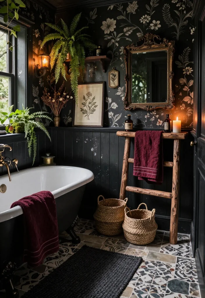 13 Enchanting Dark Cottagecore Bathroom Ideas That Feel Like a Secret Forest Hideaway 21 13 Enchanting Dark Cottagecore Bathroom Ideas That Feel Like a Secret Forest Hideaway - 8. Layer Burgundy Linen and Woven Storage 1