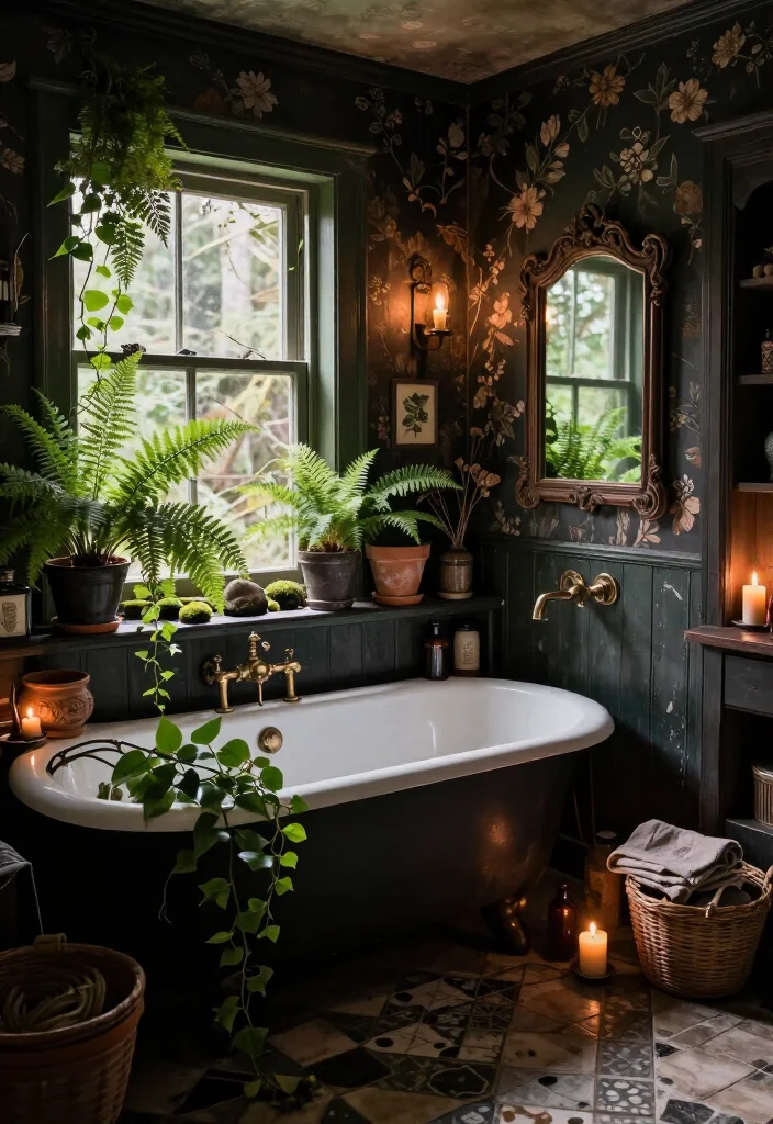 13 Enchanting Dark Cottagecore Bathroom Ideas That Feel Like a Secret Forest Hideaway 32 13 Enchanting Dark Cottagecore Bathroom Ideas That Feel Like a Secret Forest Hideaway - 9. Turn the Window Ledge into a Fern-Filled Nook 1