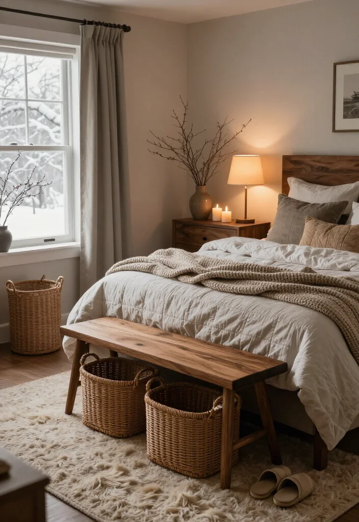 13 Snug, Cozy Master Bedroom Decor Ideas for the Colder Months - 9. Add Natural Wood and Woven Storage 1