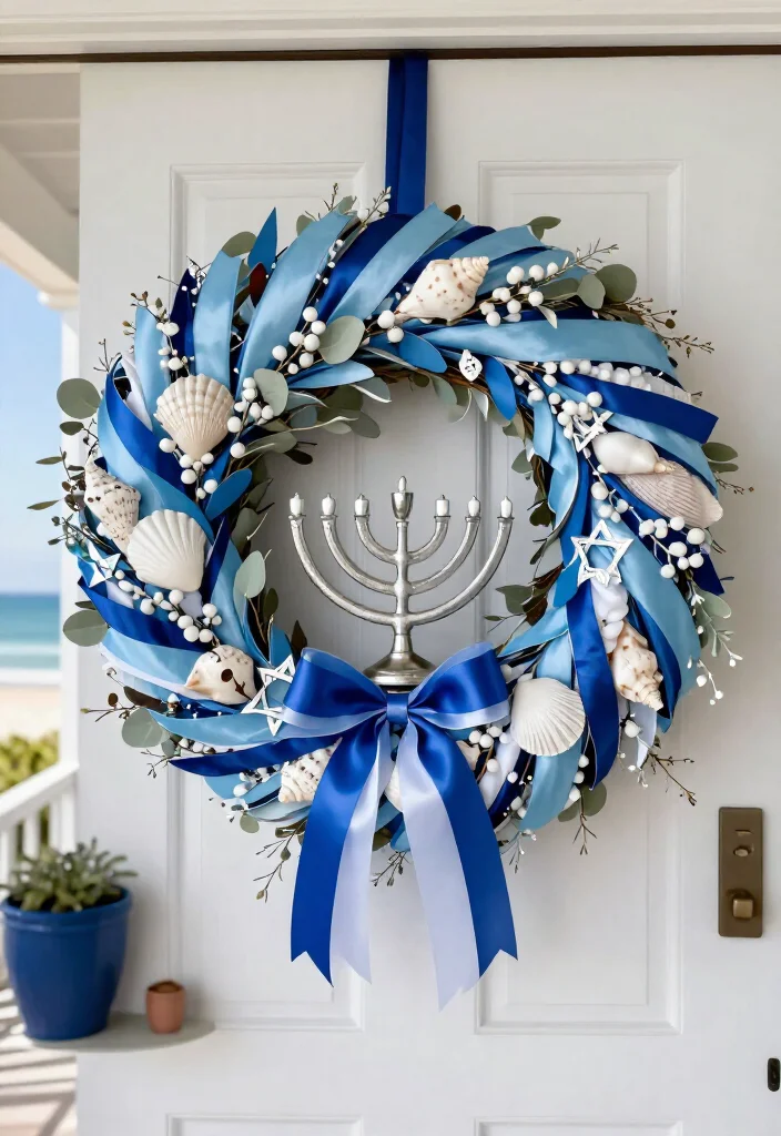 15 Dazzling Hanukkah Wreath Ideas That Will Make Your Front Door Shine All Eight Nights! - 12. Coastal Seashell and Star Wreath 1