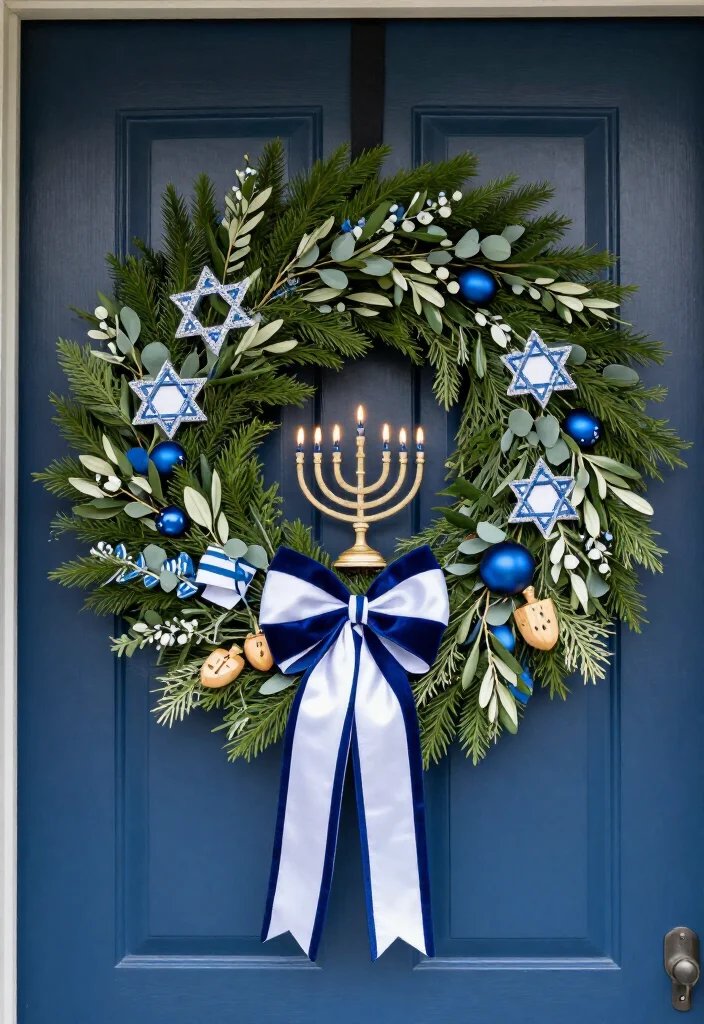 15 Dazzling Hanukkah Wreath Ideas That Will Make Your Front Door Shine All Eight Nights! - 13. Asymmetrical Wreath With a Sweeping Greenery Tail 1