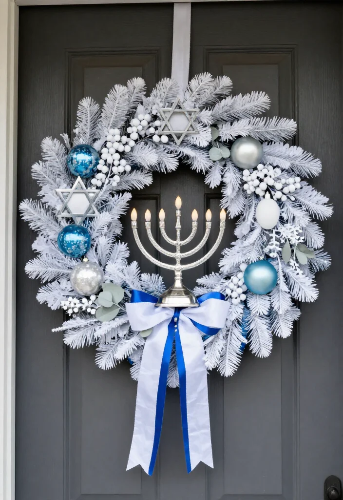15 Dazzling Hanukkah Wreath Ideas That Will Make Your Front Door Shine All Eight Nights! - 14. Frosted White Wreath With Silver Candlelight Details 1