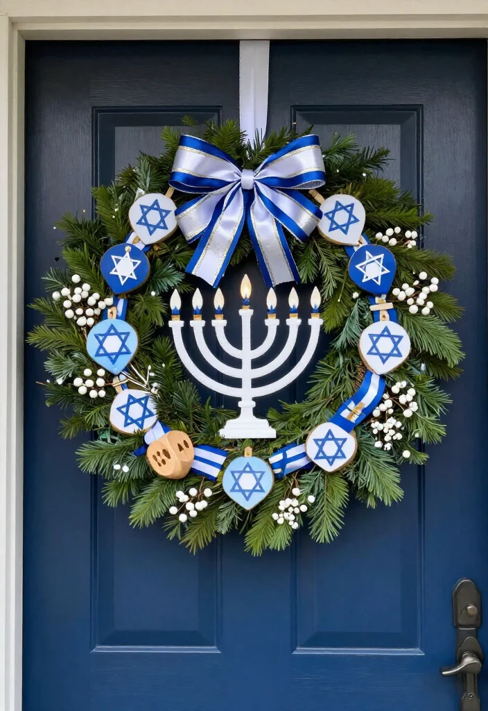 15 Dazzling Hanukkah Wreath Ideas That Will Make Your Front Door Shine All Eight Nights! - 15. Eight-Night Countdown Wreath With Removable Candles 1