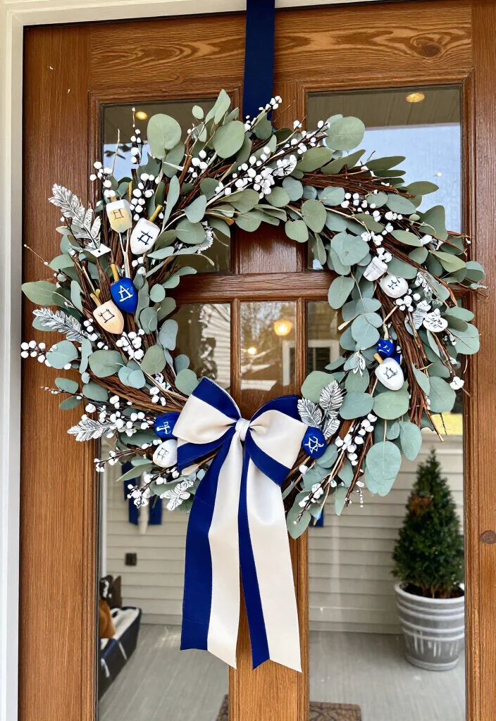 15 Dazzling Hanukkah Wreath Ideas That Will Make Your Front Door Shine All Eight Nights! - 2. Dried Eucalyptus and Wooden Dreidel Wreath 1