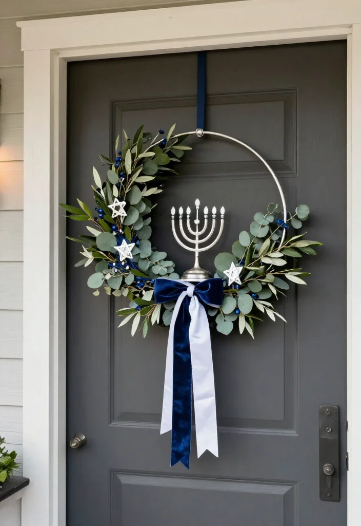 15 Dazzling Hanukkah Wreath Ideas That Will Make Your Front Door Shine All Eight Nights! - 3. Minimalist Hoop Wreath With a Menorah Accent 1