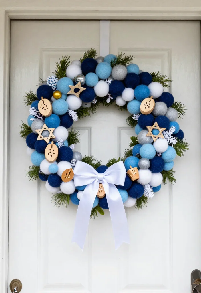 15 Dazzling Hanukkah Wreath Ideas That Will Make Your Front Door Shine All Eight Nights! - 4. Felt Ball and Mini Dreidel Wreath for a Playful Door 1