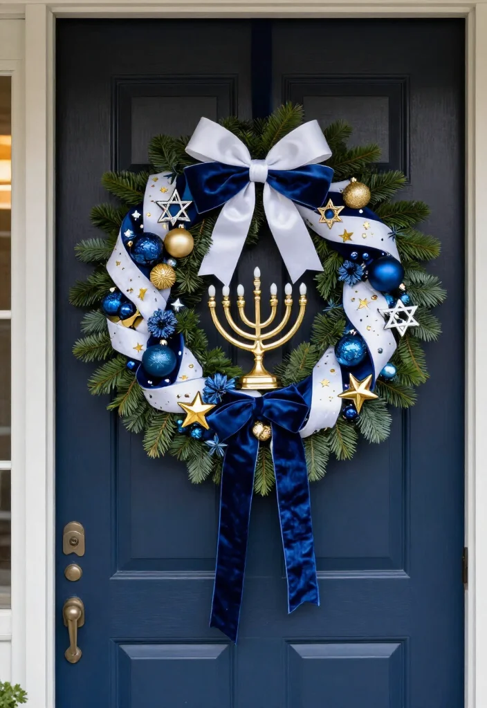 15 Dazzling Hanukkah Wreath Ideas That Will Make Your Front Door Shine All Eight Nights! - 5. Navy Velvet and Gold Wreath With Luxe Shine 1