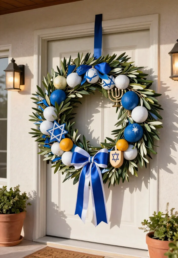 15 Dazzling Hanukkah Wreath Ideas That Will Make Your Front Door Shine All Eight Nights! - 7. Olive Branch and Blue Citrus Wreath 1
