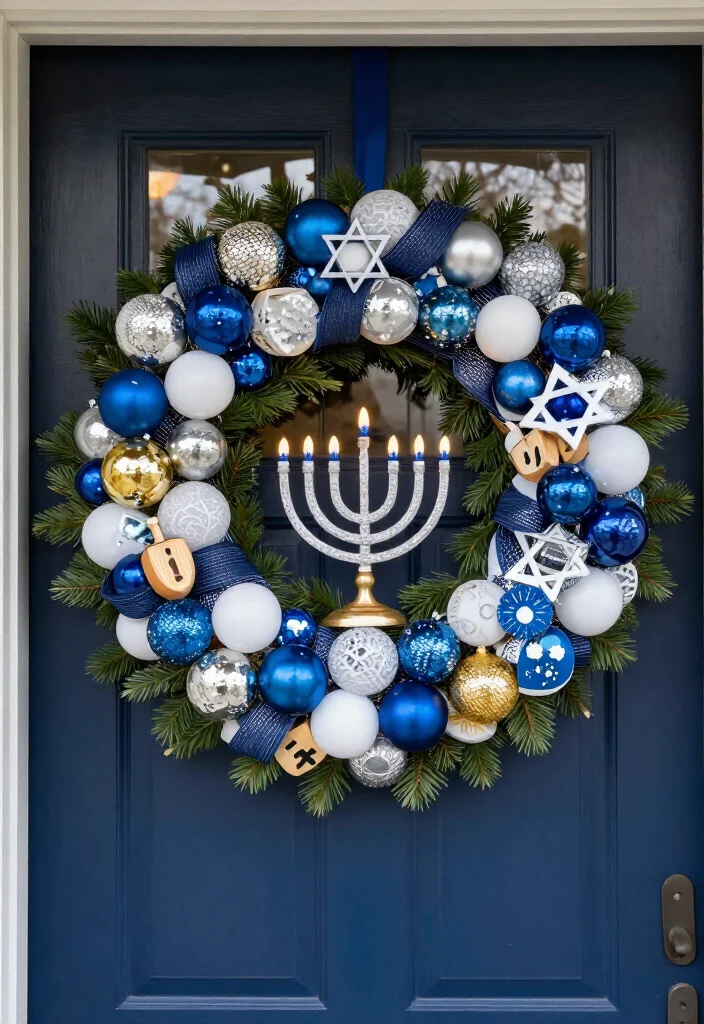 15 Dazzling Hanukkah Wreath Ideas That Will Make Your Front Door Shine All Eight Nights! - 8. Blue Gelt-Inspired Ornament Wreath 1