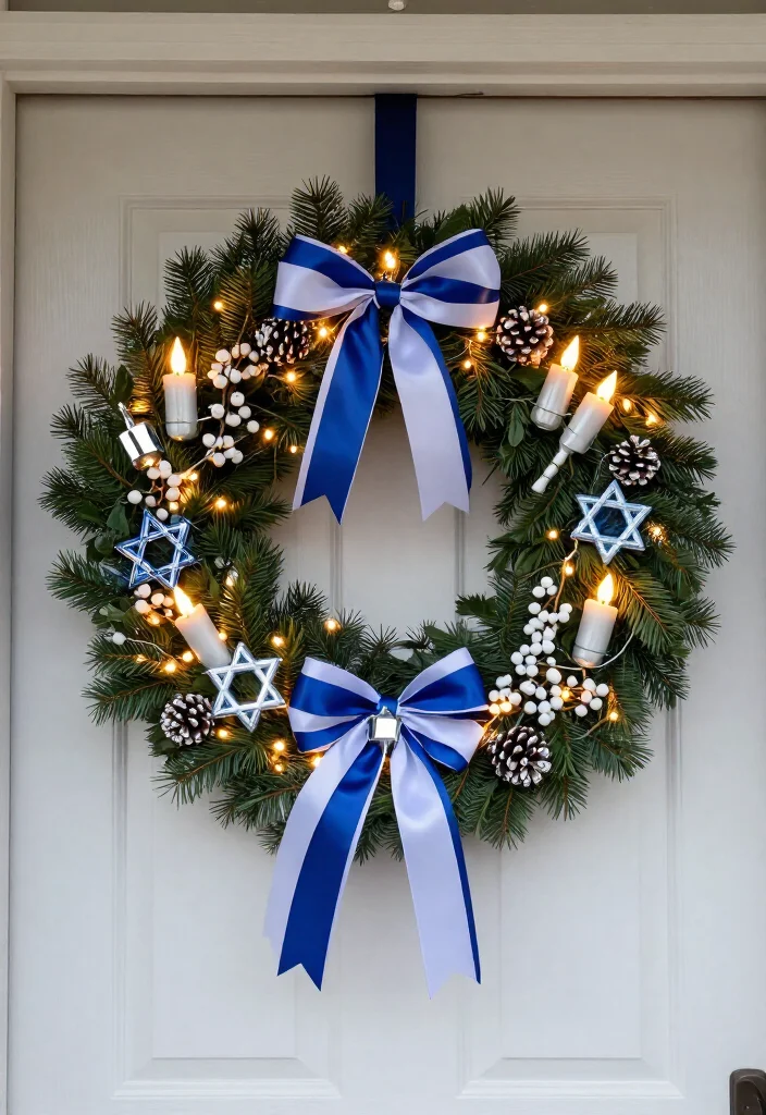 15 Dazzling Hanukkah Wreath Ideas That Will Make Your Front Door Shine All Eight Nights! - 9. Lighted Wreath With Safe Candle Glow 1