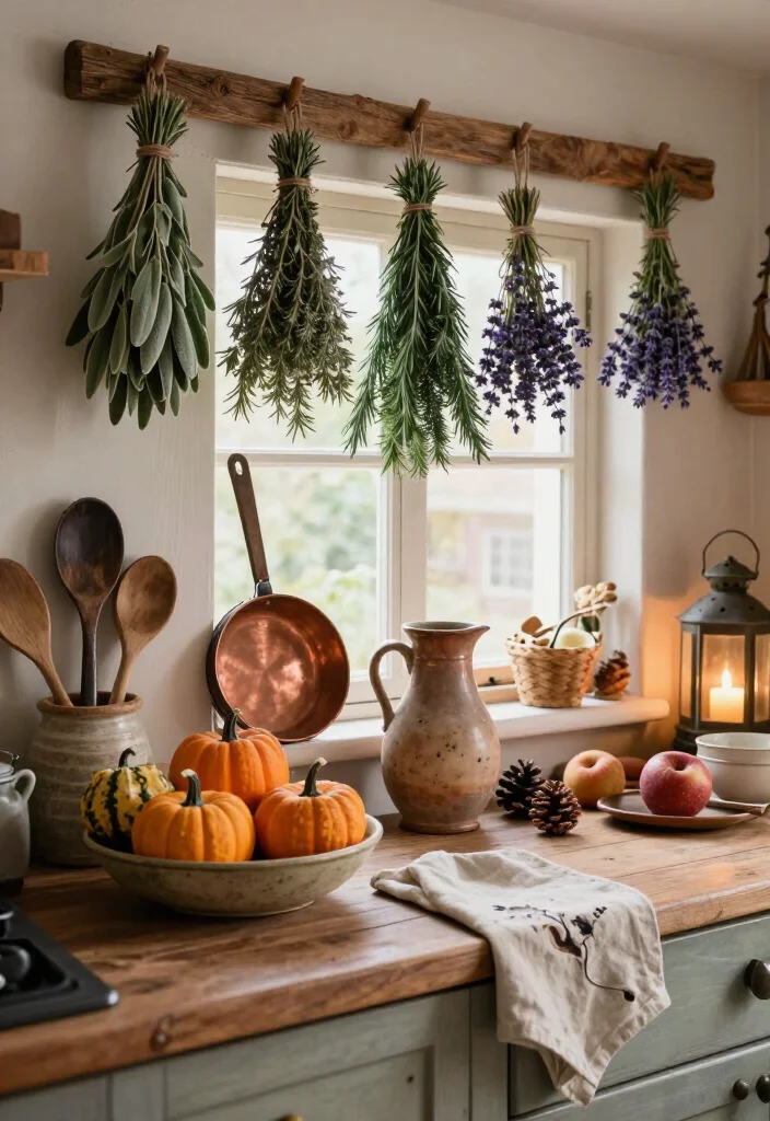 15 Enchanting Cottagecore Halloween Decor Ideas That'll Make Your Home Feel Like a Witch's Cozy Cottage 49 15 Enchanting Cottagecore Halloween Decor Ideas That'll Make Your Home Feel Like a Witch's Cozy Cottage - 14. Decorate the Kitchen with Hanging Herbs and Mini Gourds 1