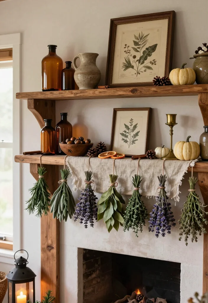 15 Enchanting Cottagecore Halloween Decor Ideas That'll Make Your Home Feel Like a Witch's Cozy Cottage 13 15 Enchanting Cottagecore Halloween Decor Ideas That'll Make Your Home Feel Like a Witch's Cozy Cottage - 2. Turn a Mantel into a Moonlit Herb Shelf 1