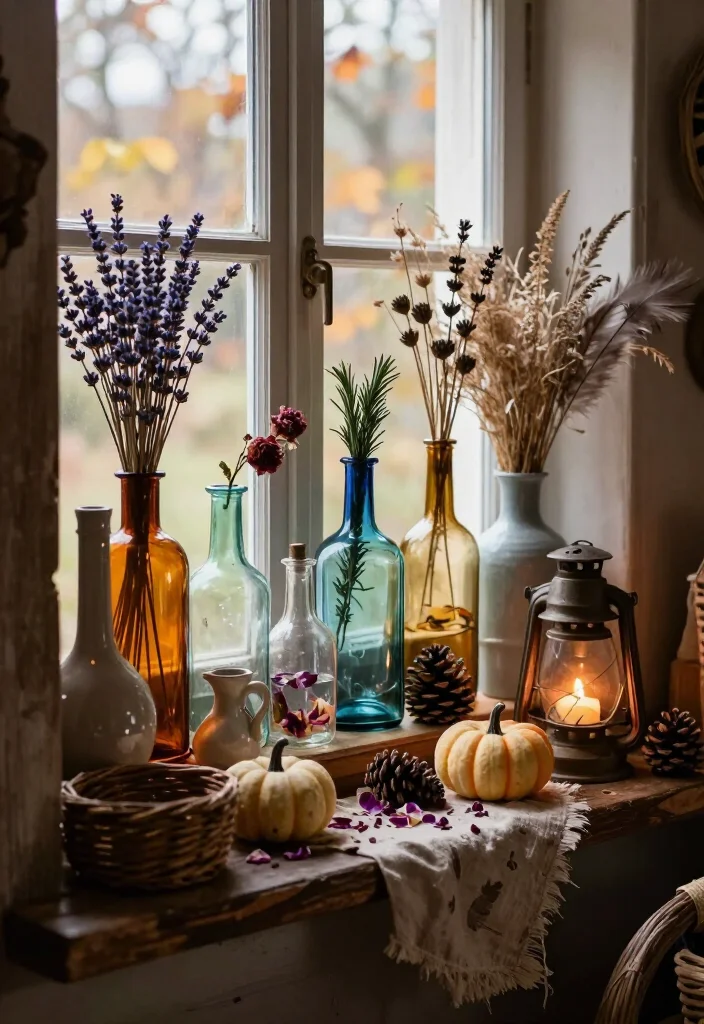 15 Enchanting Cottagecore Halloween Decor Ideas That'll Make Your Home Feel Like a Witch's Cozy Cottage 26 15 Enchanting Cottagecore Halloween Decor Ideas That'll Make Your Home Feel Like a Witch's Cozy Cottage - 5. Arrange a Witchy Window Ledge with Glass Bottles 1