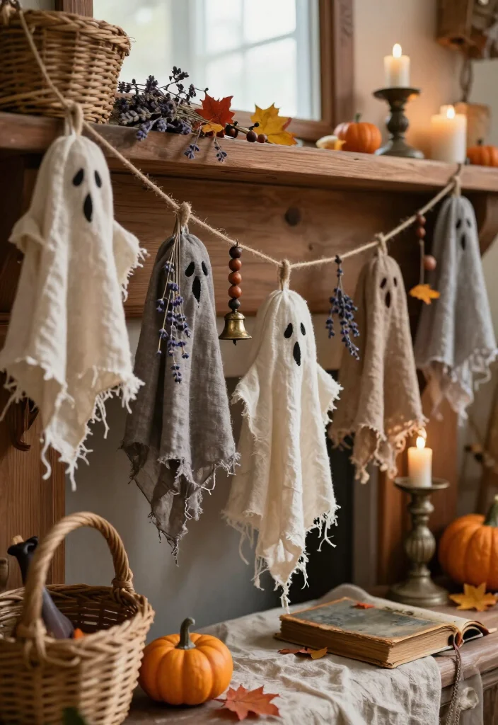 15 Enchanting Cottagecore Halloween Decor Ideas That'll Make Your Home Feel Like a Witch's Cozy Cottage 27 15 Enchanting Cottagecore Halloween Decor Ideas That'll Make Your Home Feel Like a Witch's Cozy Cottage - 6. Craft a Tattered Linen Ghost Bunting 1
