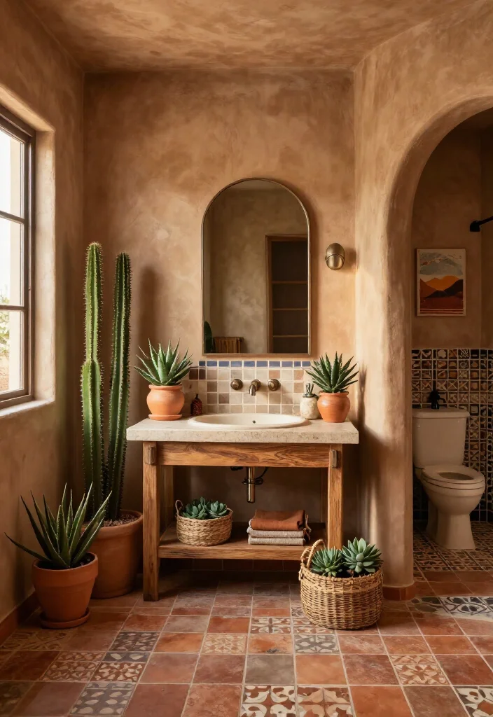 15 Gorgeous Southwestern Bathroom Ideas That’ll Make Your Space Feel Like a Desert Retreat (Wait Until You See #8!) - 12. Style the Room with Cacti and Desert Plants 1
