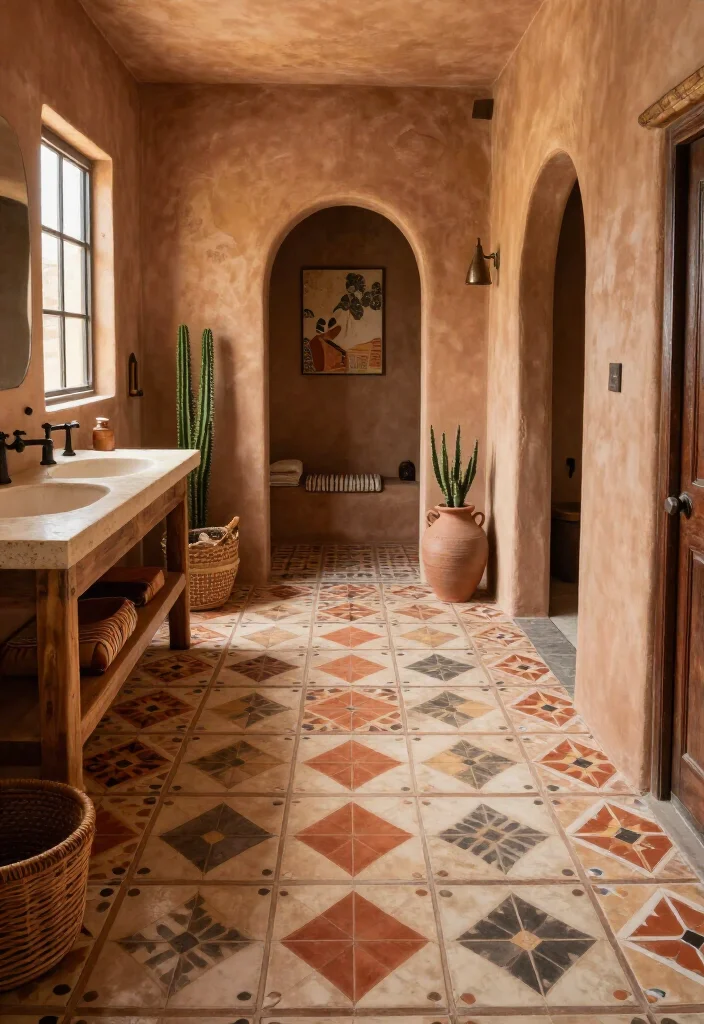 15 Gorgeous Southwestern Bathroom Ideas That’ll Make Your Space Feel Like a Desert Retreat (Wait Until You See #8!) - 13. Make the Floor a Patterned Foundation 1