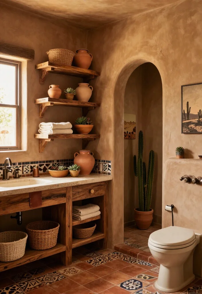 15 Gorgeous Southwestern Bathroom Ideas That’ll Make Your Space Feel Like a Desert Retreat (Wait Until You See #8!) - 14. Mix Open Shelving with Handmade Pottery 1