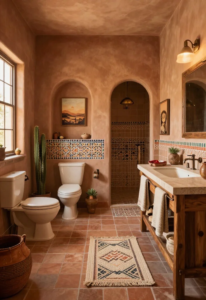 15 Gorgeous Southwestern Bathroom Ideas That’ll Make Your Space Feel Like a Desert Retreat (Wait Until You See #8!) - 15. Finish with Soft Layers and a Little Desert Art 1