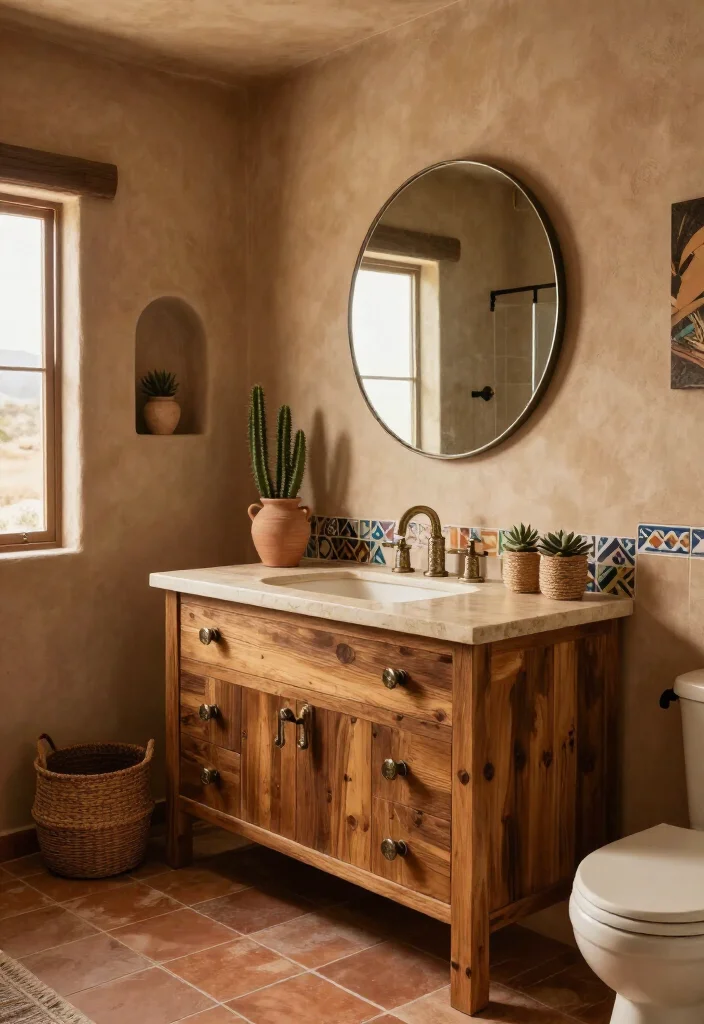 15 Gorgeous Southwestern Bathroom Ideas That’ll Make Your Space Feel Like a Desert Retreat (Wait Until You See #8!) - 4. Ground the Room with a Rustic Wood Vanity 1