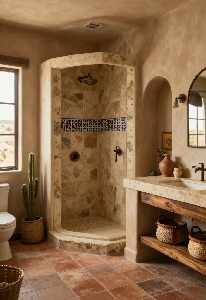 15 Gorgeous Southwestern Bathroom Ideas That’ll Make Your Space Feel Like a Desert Retreat (Wait Until You See #8!) - 6. Use Natural Stone for a Quiet Spa Feel 1