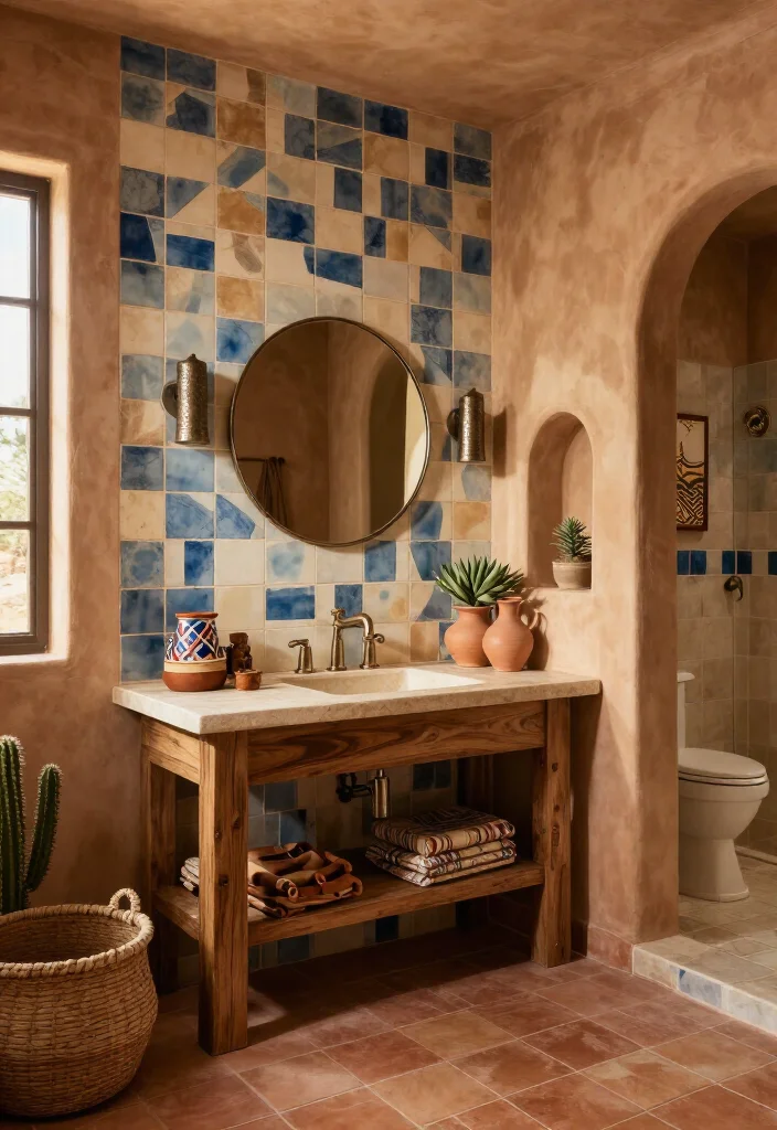 15 Gorgeous Southwestern Bathroom Ideas That’ll Make Your Space Feel Like a Desert Retreat (Wait Until You See #8!) - 7. Make the Backsplash a Zellige Showpiece 1