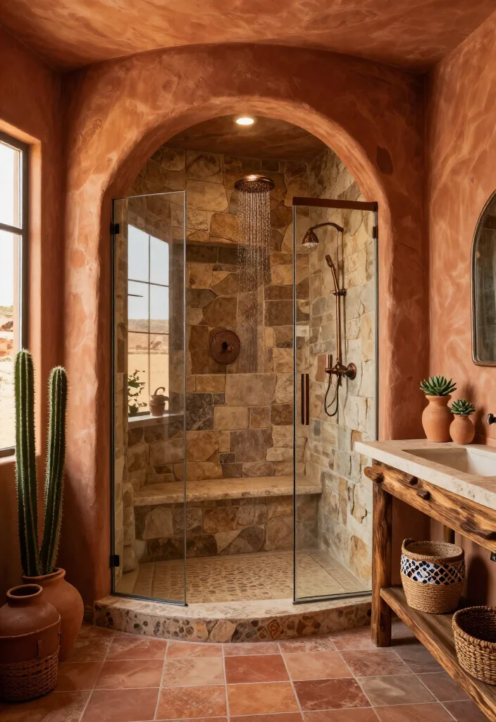 15 Gorgeous Southwestern Bathroom Ideas That’ll Make Your Space Feel Like a Desert Retreat (Wait Until You See #8!) - 8. Turn the Shower into a Canyon-Inspired Retreat 1